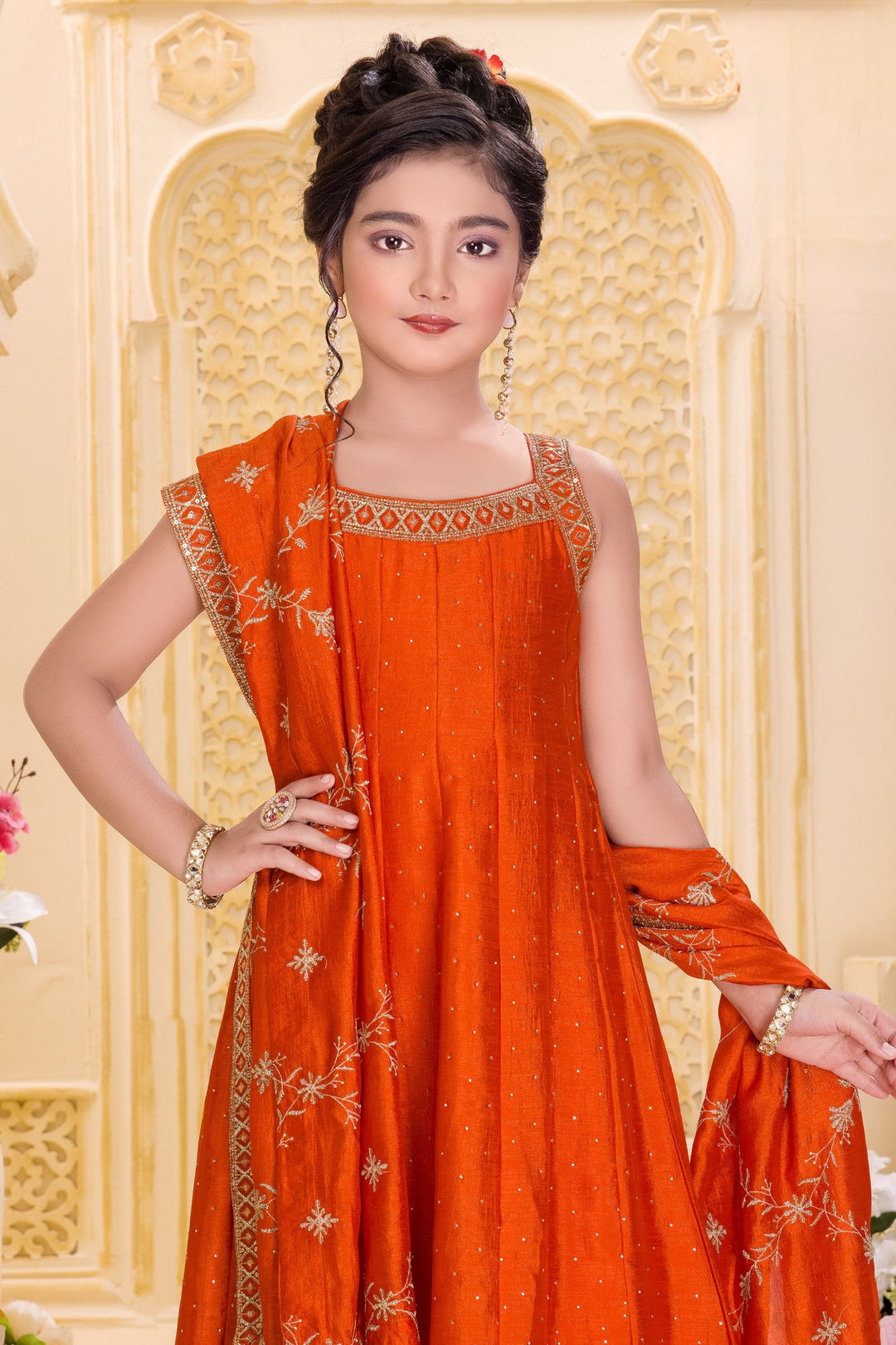 Orange Sequins, Zari and Stone work Anarkali Style Salwar Suit for Girls