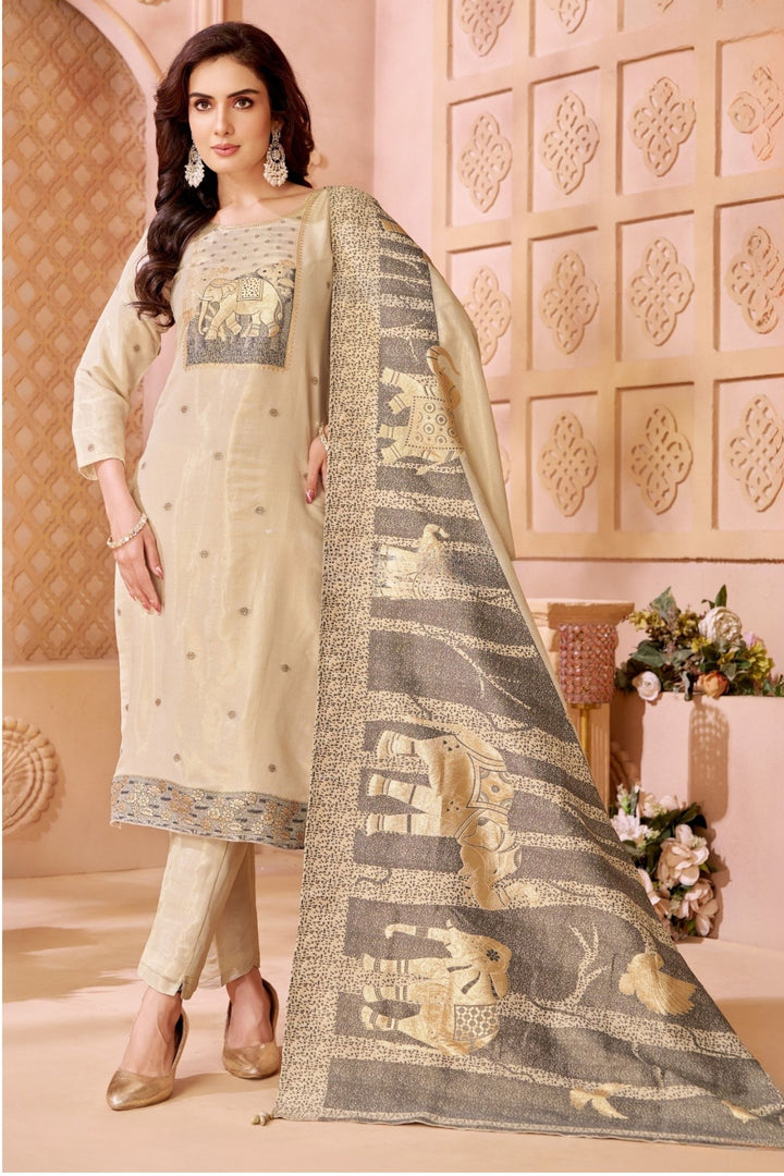 Cream Banaras work Straight Cut Salwar Suit