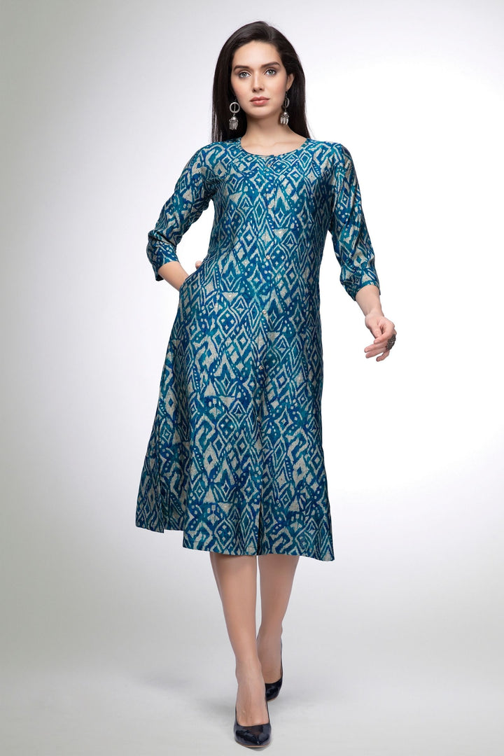 Peacock Blue with Sandal Digital Print Calf Length Kurti