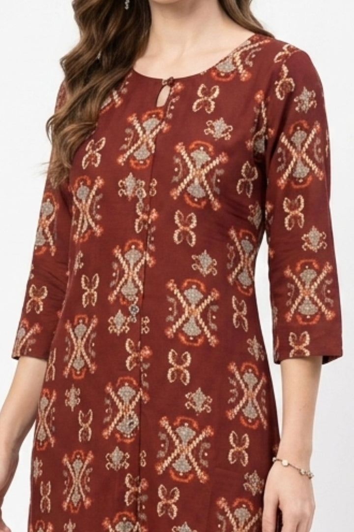 Maroon Digital Print Calf Length Kurti
