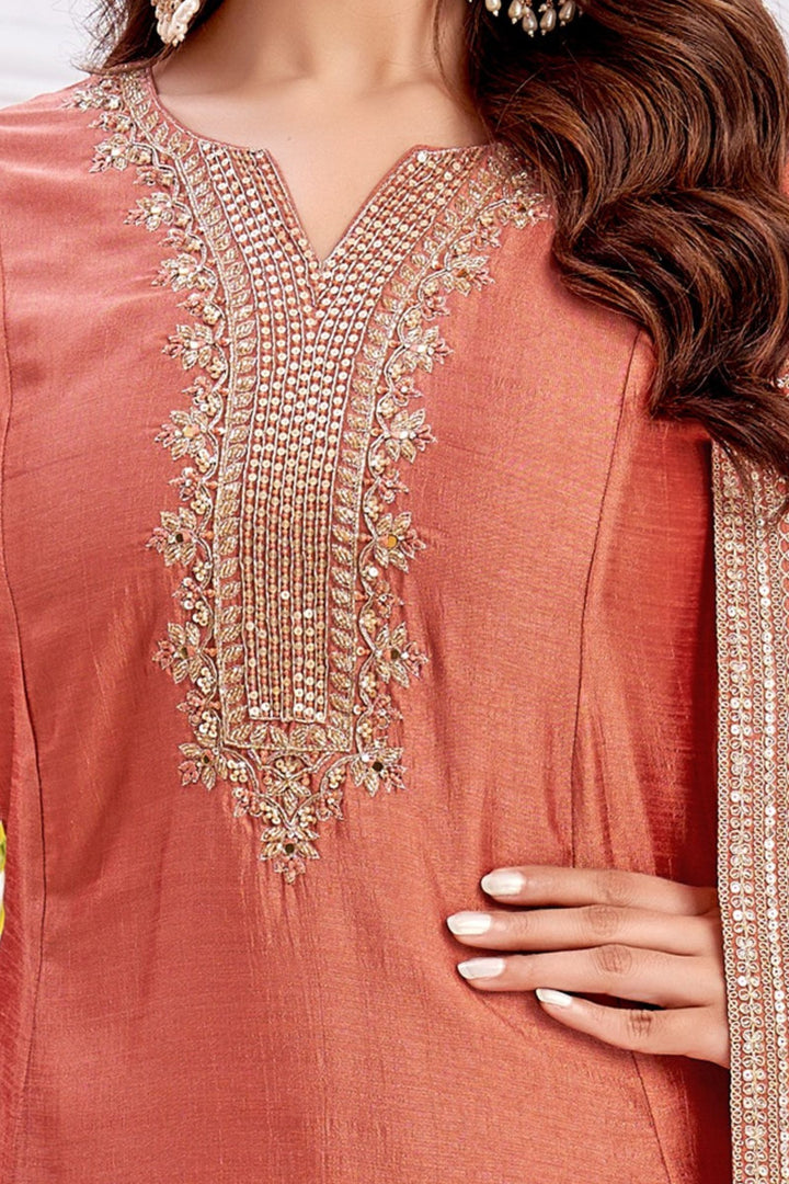 Rust Beads, Sequins, Mirror, Stone and Thread work A-line Cut Salwar Suit