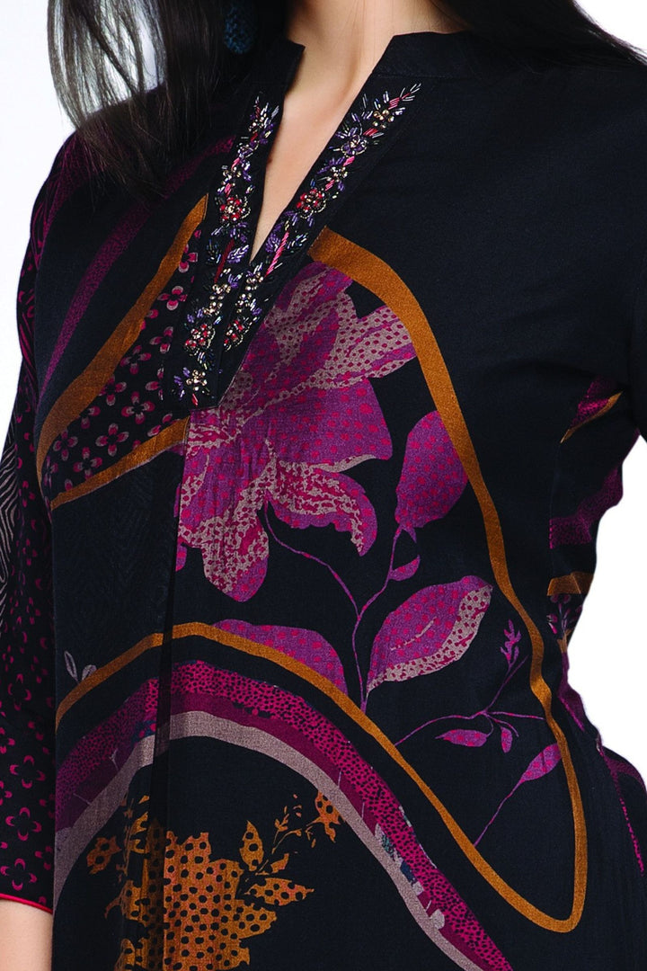 Black Multicolor Digital Print, Beads, Stone and Zardozi work Calf Length Kurti
