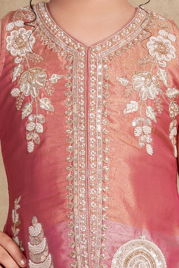 Pink with Peach Beads, Sequins and Zari work Palazzo Suit Set for Girls