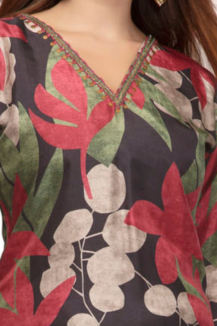 Black Floral Print V-Neck Straight Kurta Set