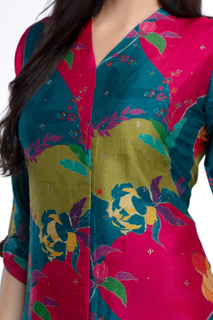 Multicolor Printed and Stone work Calf Length Kurti