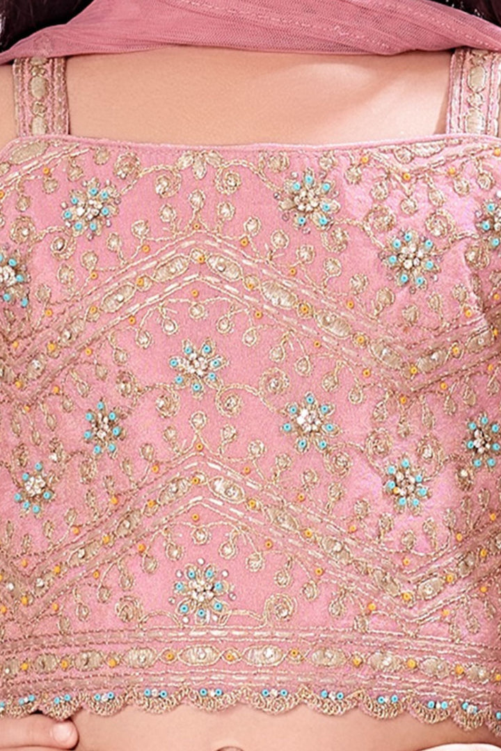 Onion Pink Sequins, Stone, Zari and Thread work Lehenga Choli for Girls