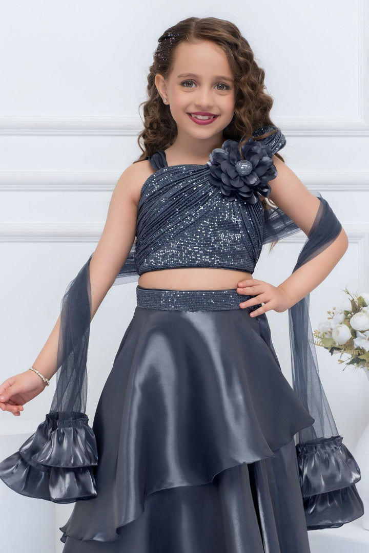 Grey Sequins Top with Floral Shoulder Detail and Layered Lehenga for Girls