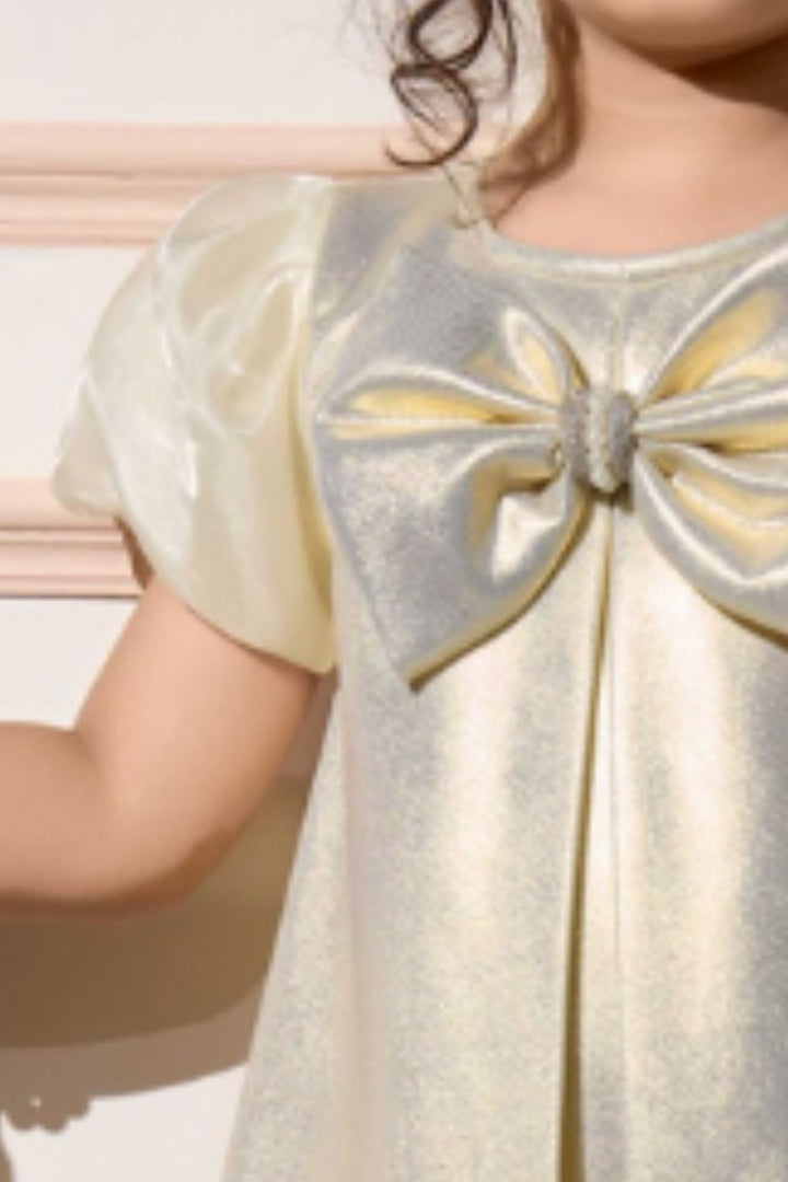 Gold Bow and Rose Accent Short Partywear Frock for Girls