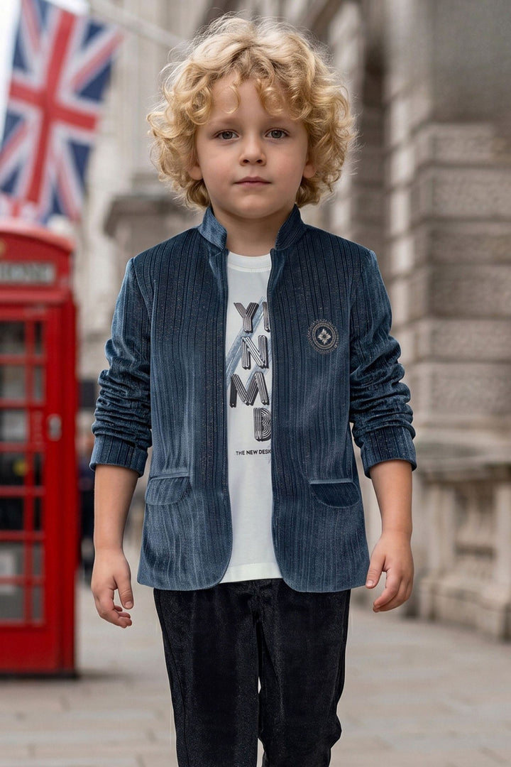 Boys Grey Casual Blazer Set with White Printed T-Shirt and Black Pants