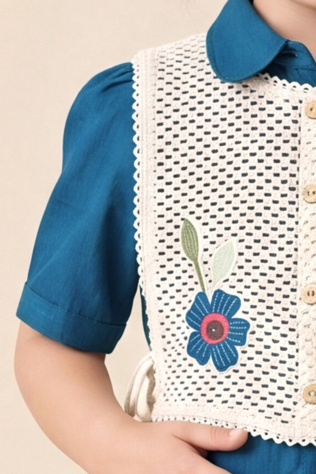 Teal Blue with Cream Jacket Styled Short Frock for Girls
