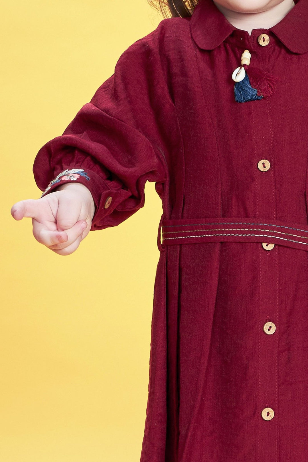 Maroon Thread work Short Frock for Girls with Belt