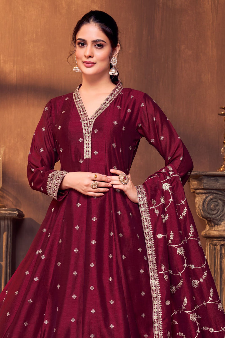 Wine Sequins, Zari and Stone work Anarkali Style Salwar