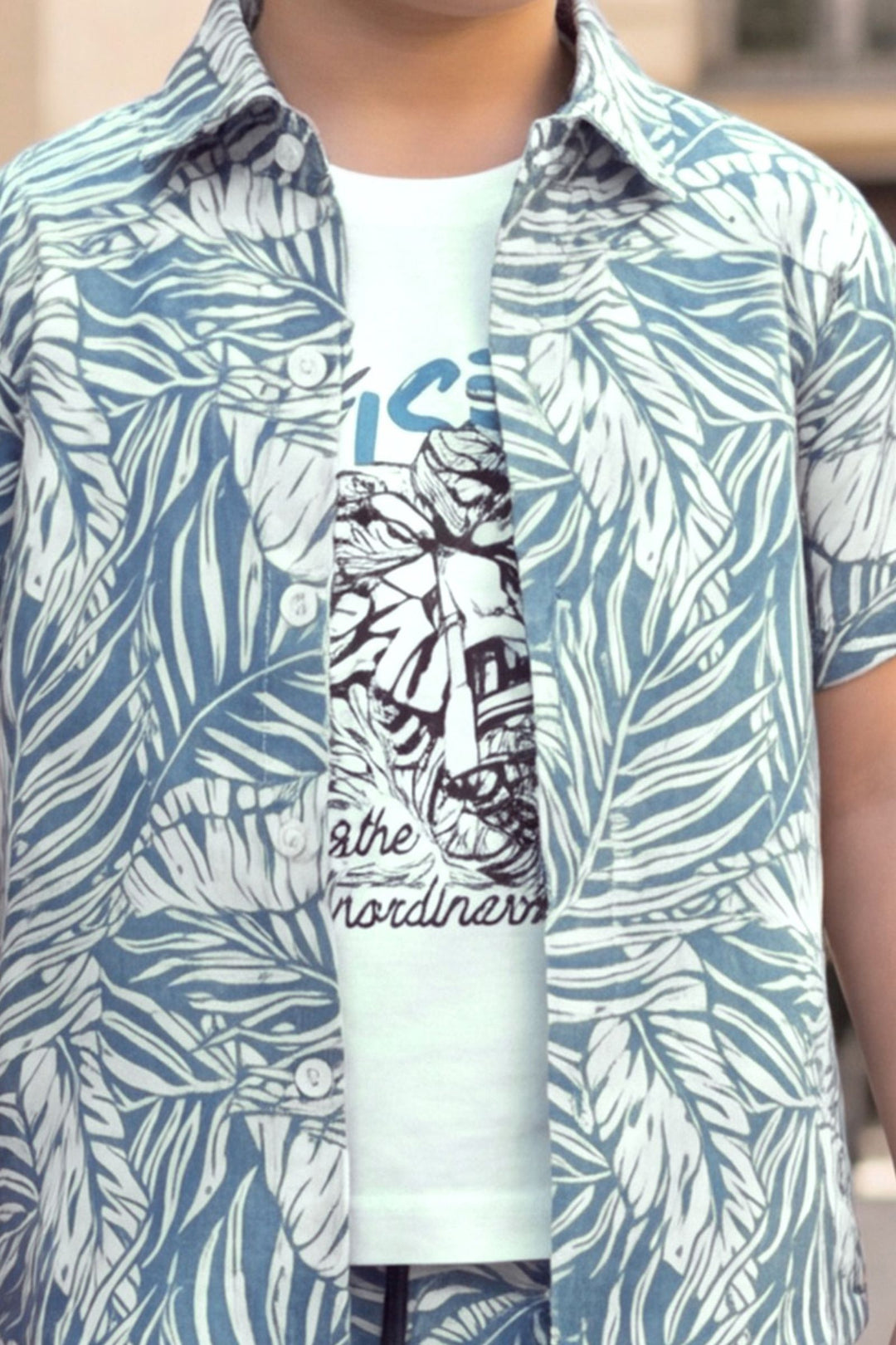 White with Blue Tropical Print Boys Co-Ord Set