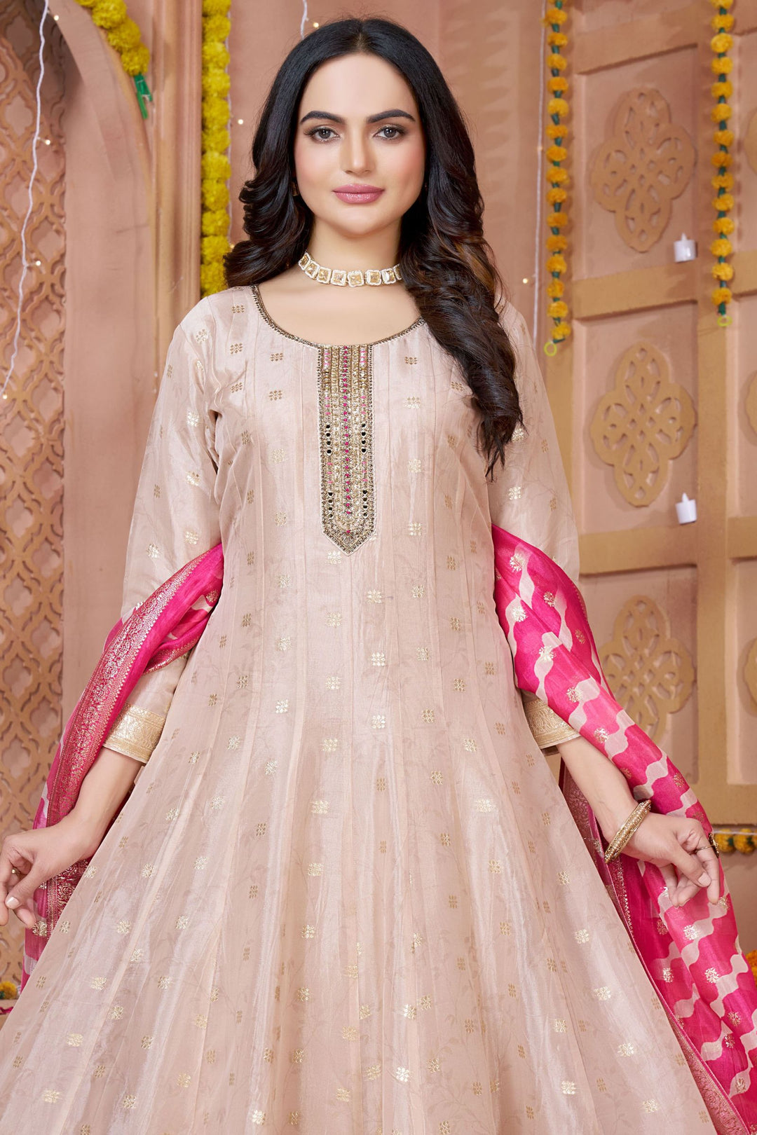 Light Peach Banaras, Mirror, Beads, Zardozi and Sequins work Anarkali Style Salwar