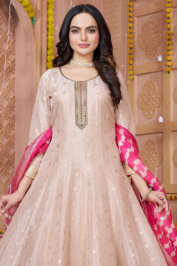 Light Peach Banaras, Mirror, Beads, Zardozi and Sequins work Anarkali Style Salwar