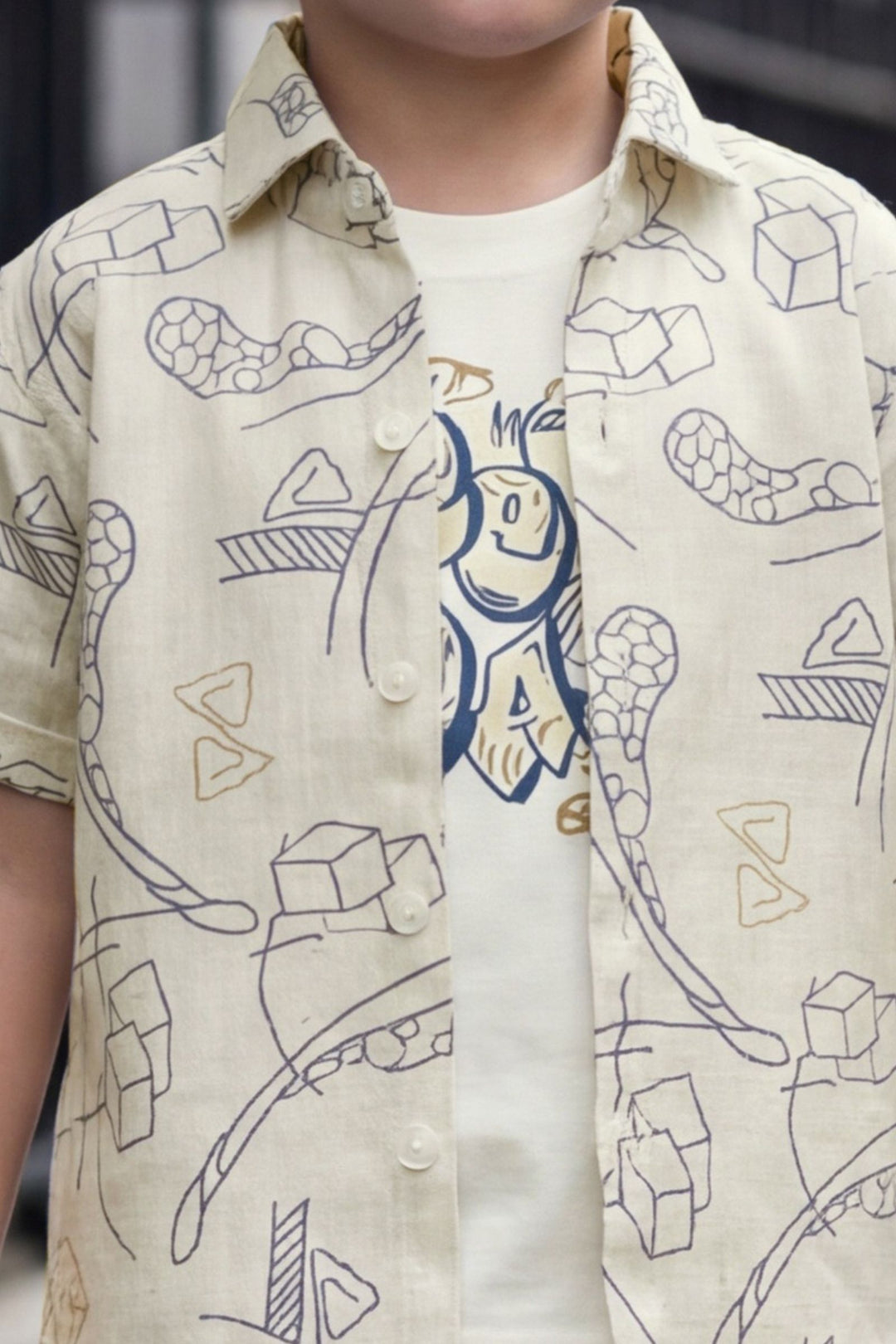 Beige with White Thread work Co-Ord Set for Boys