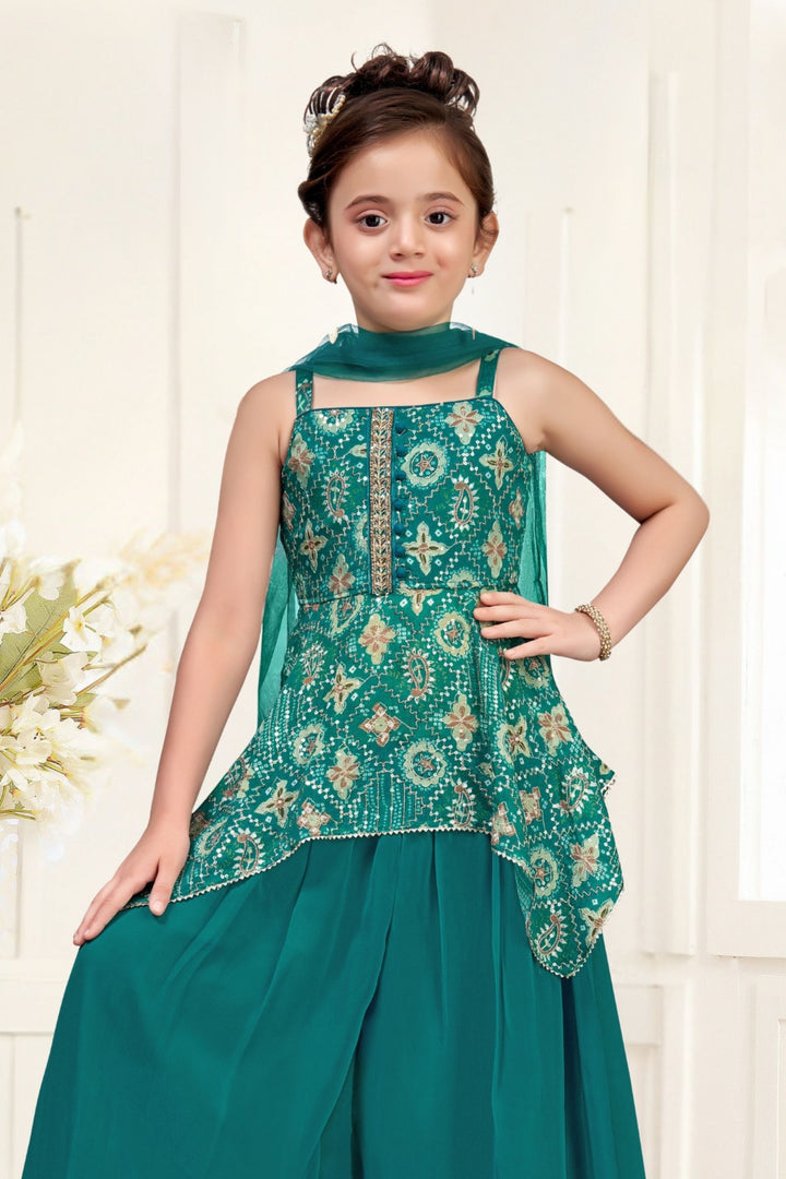 Rama Green Zari, Sequins and Stone work with Digital Print Palazzo Set For Girls