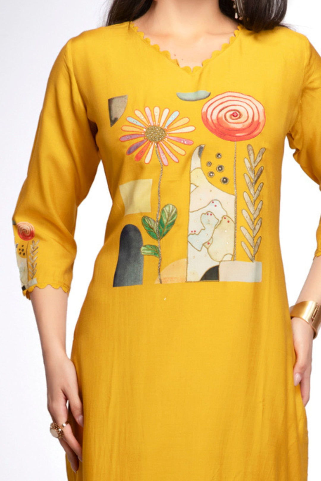 Yellow Stone work with Digital Print Calf Length Kurti