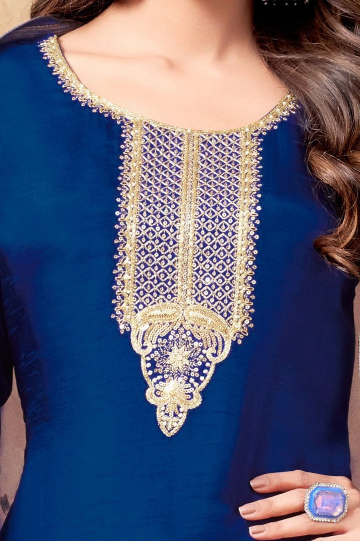 Royal Blue Sequins, Zari, Beads and Zardozi work Straight Cut Salwar Suit