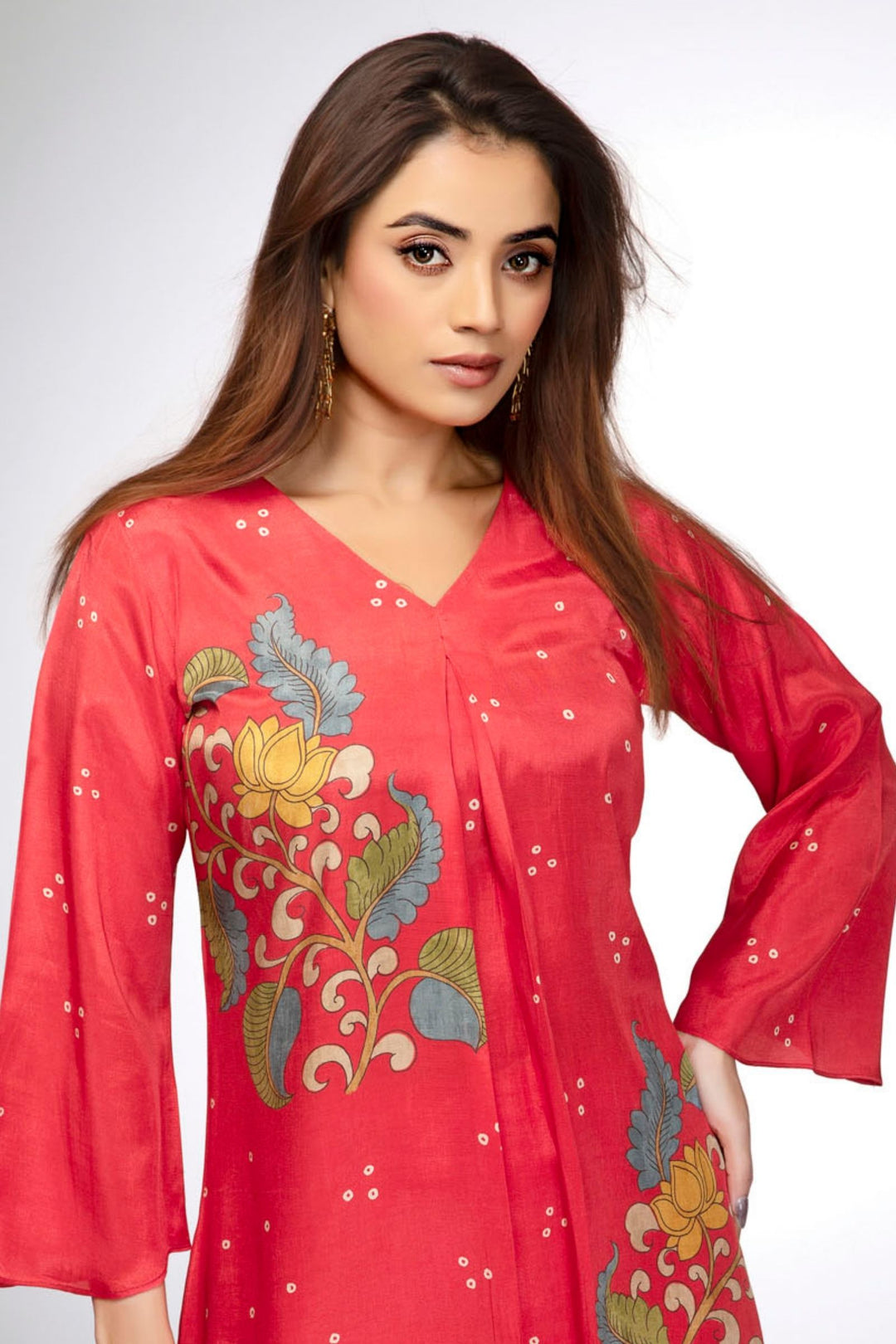 Tomato Red Floral Print Short Kurti