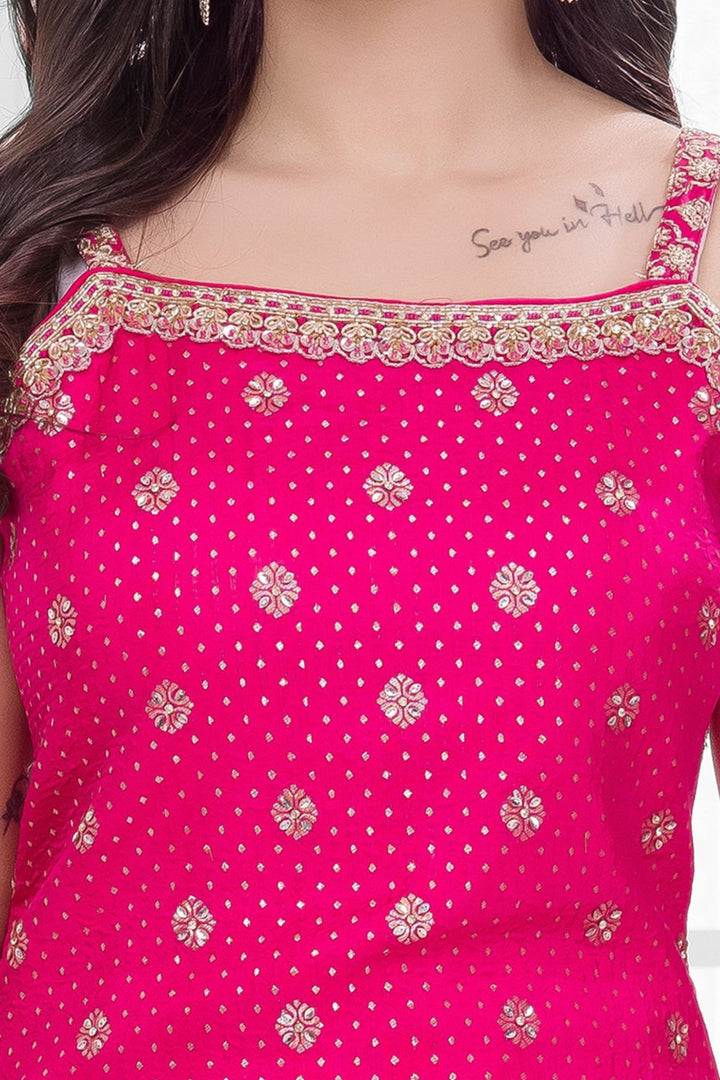 Rani Pink Zari, Stone, Beads and Sequins work Palazzo Suit Set for Girls
