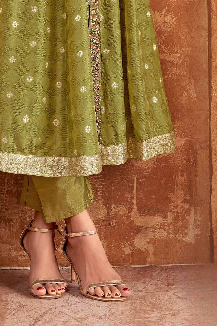 Pista Green Banaras, Zardozi, Stone and Beads work Salwar Suit with Straight Pants