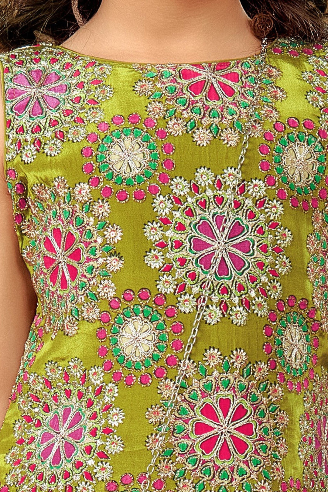 Mehendi Green Sequins and Zari work with Multicolor Digital Print Palazzo Suit Set for Girls