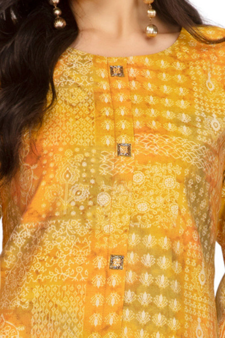Yellow Digital Print A-line Cut Calf Length Kurti