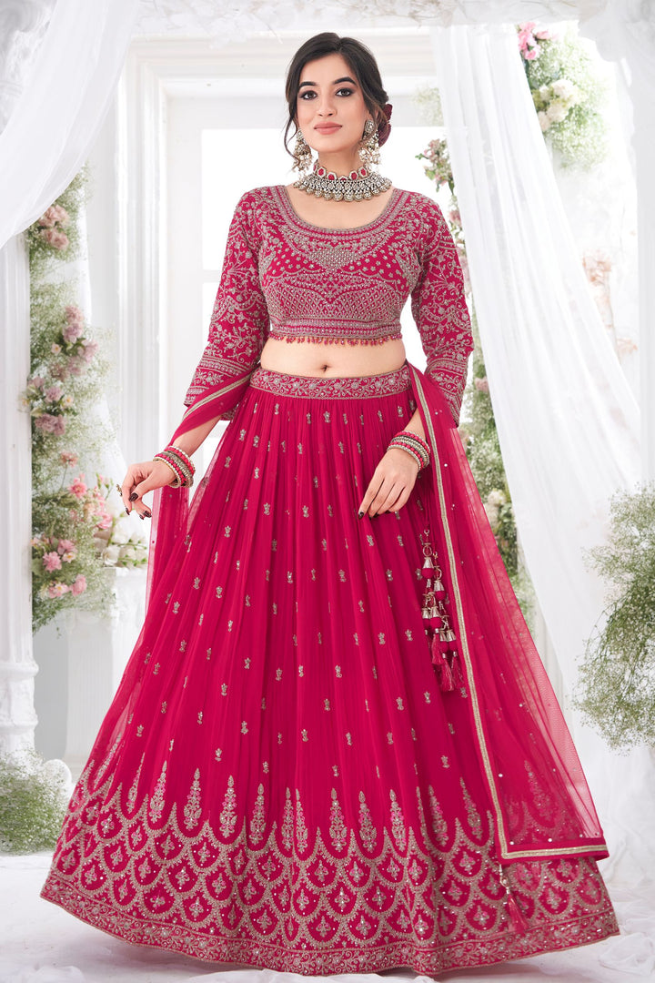 Rani Pink Zari Thread and Stone work Crop Top Lehenga