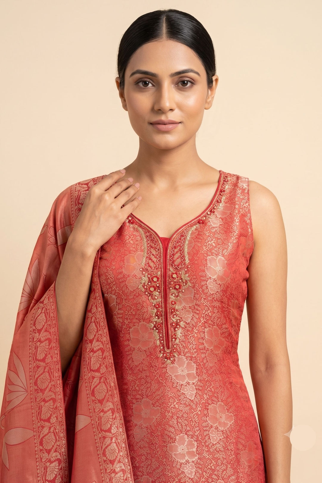 Red Brocade, Zardozi, Stone, Beads and Thread work Straight Cut Salwar Suit
