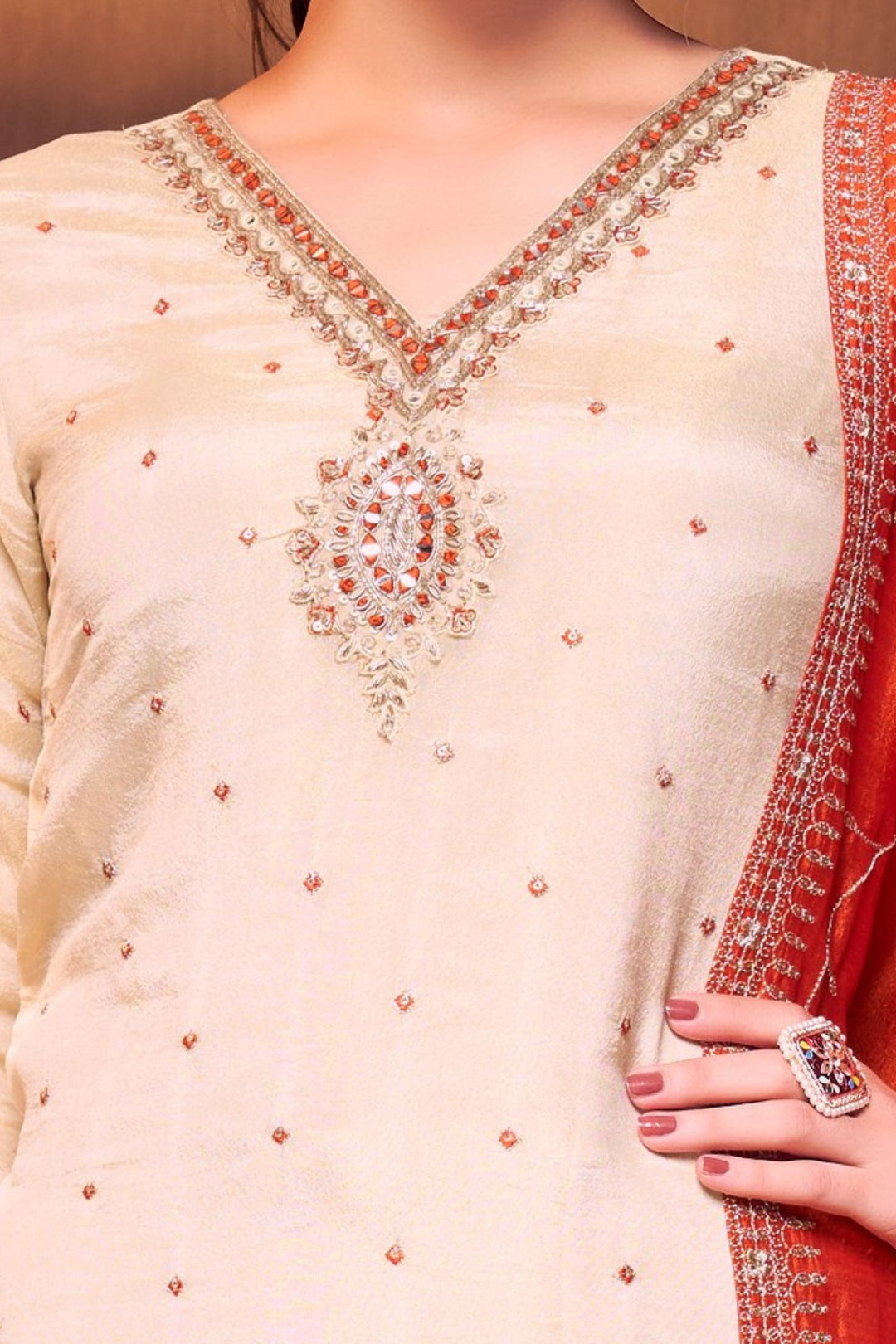 Cream Zardozi, Mirror, Beads, Sequins and Thread work Straight Cut Salwar Suit