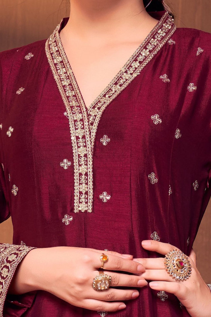 Wine Sequins, Zari and Stone work Anarkali Style Salwar