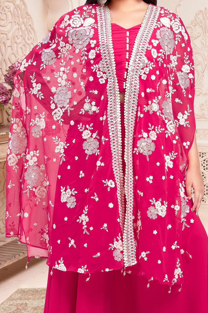 Rani Pink Embroidery and Sequins work Shrug with Palazzo Set for Girls