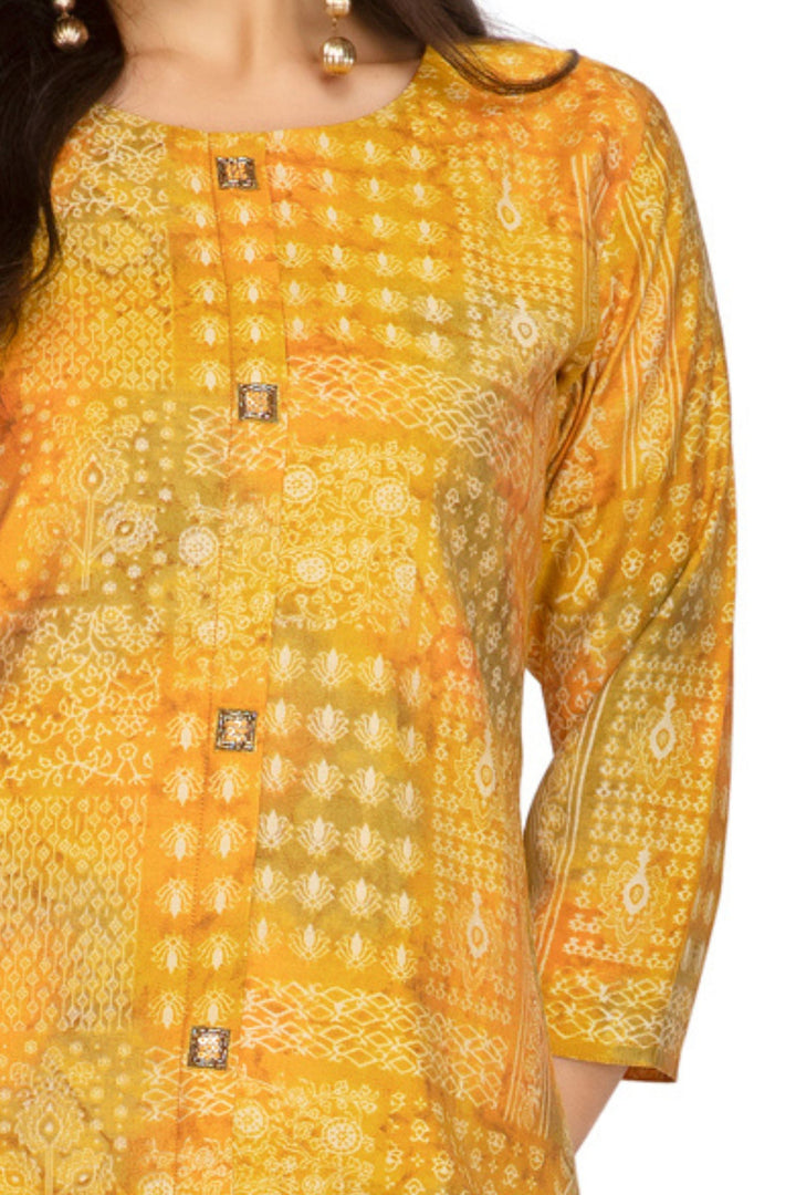 Yellow Digital Print A-line Cut Calf Length Kurti