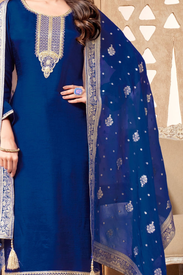 Royal Blue Sequins, Zari, Beads and Zardozi work Straight Cut Salwar Suit