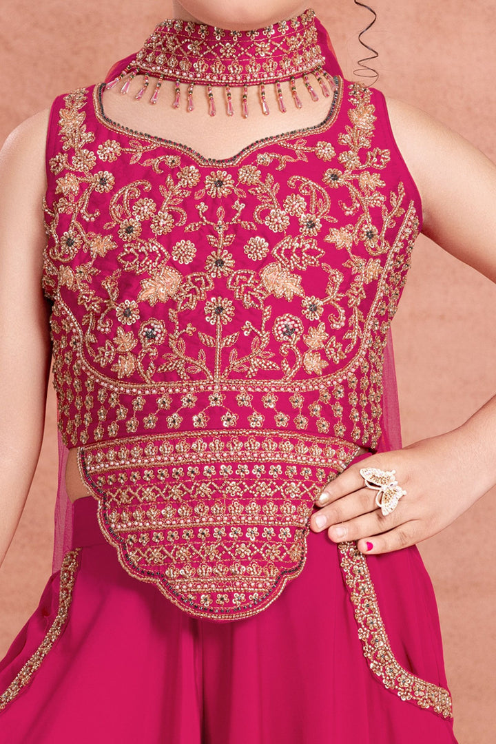 Rani Pink Beads, Sequins, Zari and Thread work Palazzo Suit Set for Girls