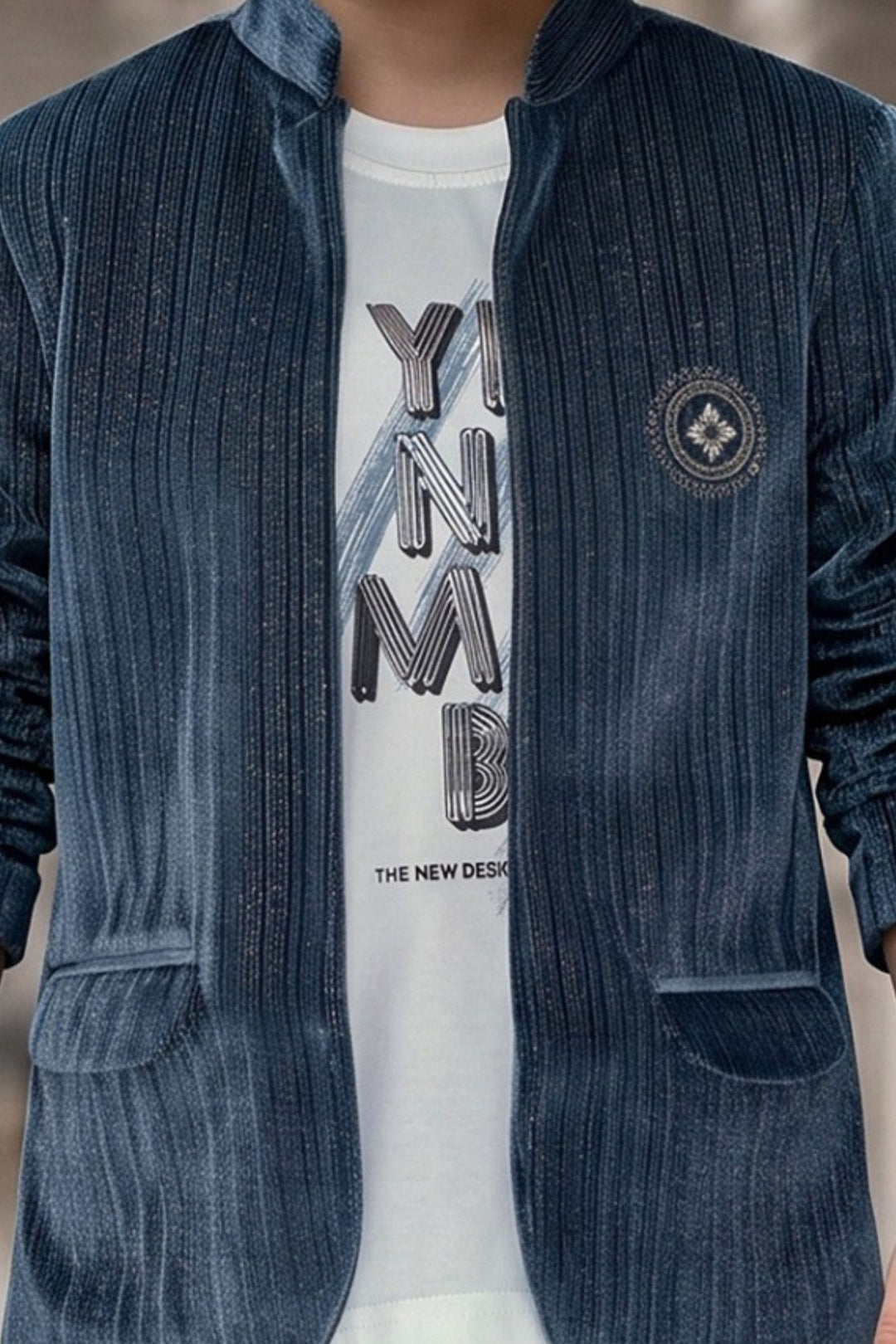 Boys Grey Casual Blazer Set with White Printed T-Shirt and Black Pants