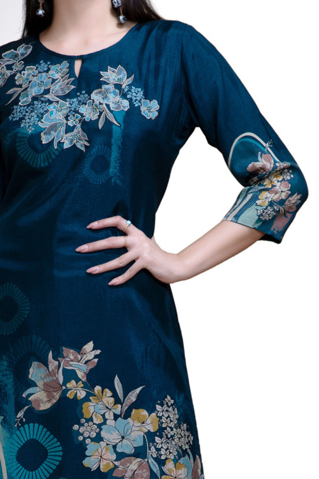 Peacock Blue Floral Print Calf Length Kurti