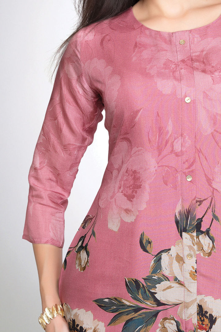 Pink Floral Print Short Kurti