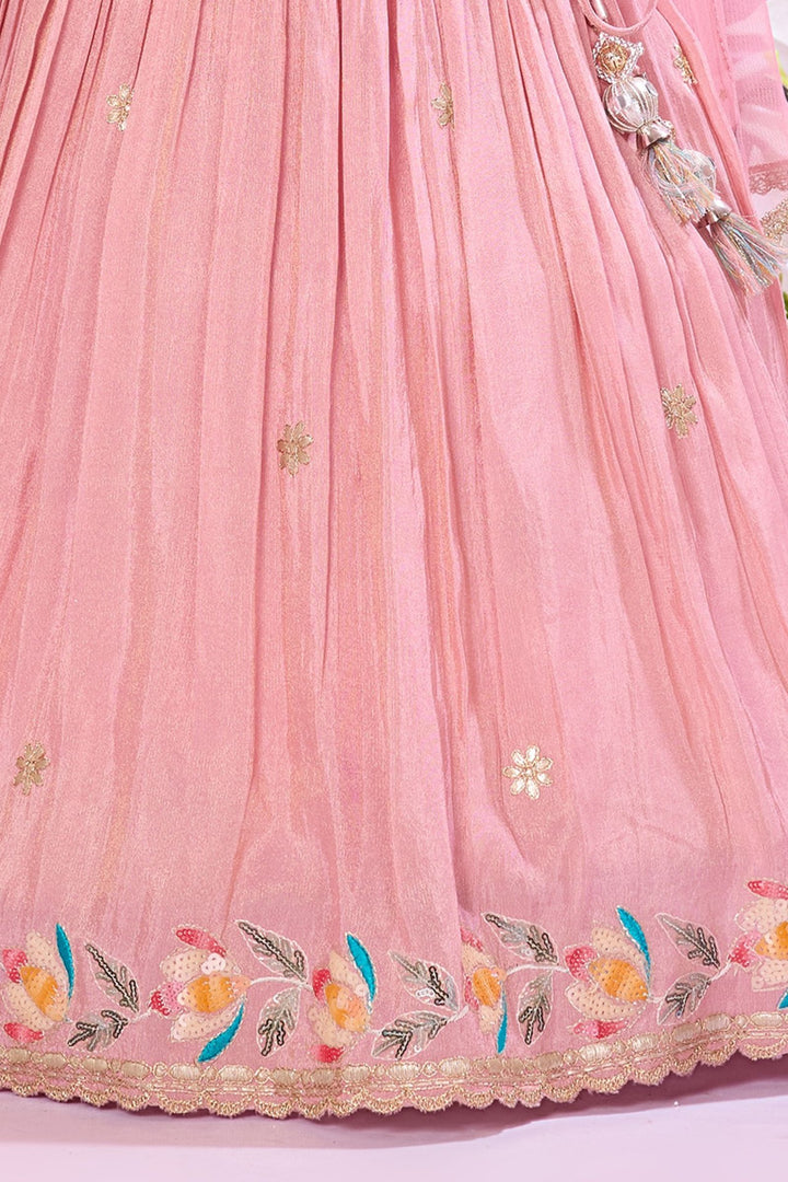 Onion Pink Sequins, Stone, Zari and Thread work Lehenga Choli for Girls