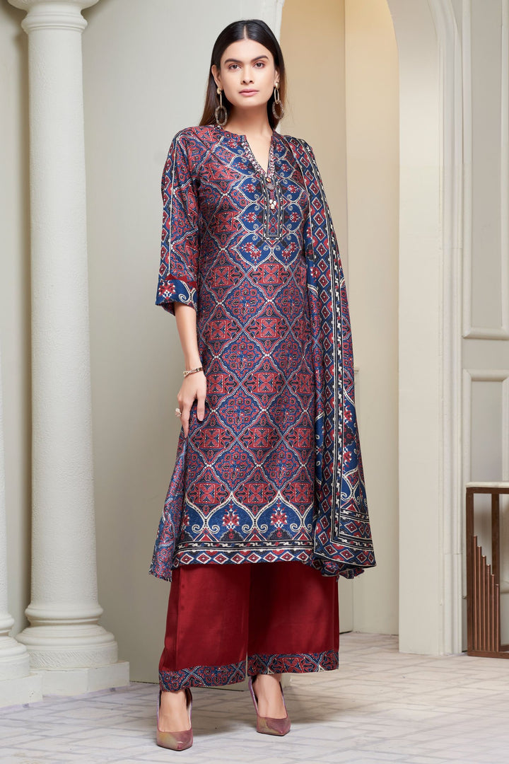 Navy Blue with Maroon Ajrakh Print, Sequins and Beads work Palazzo Salwar Suit