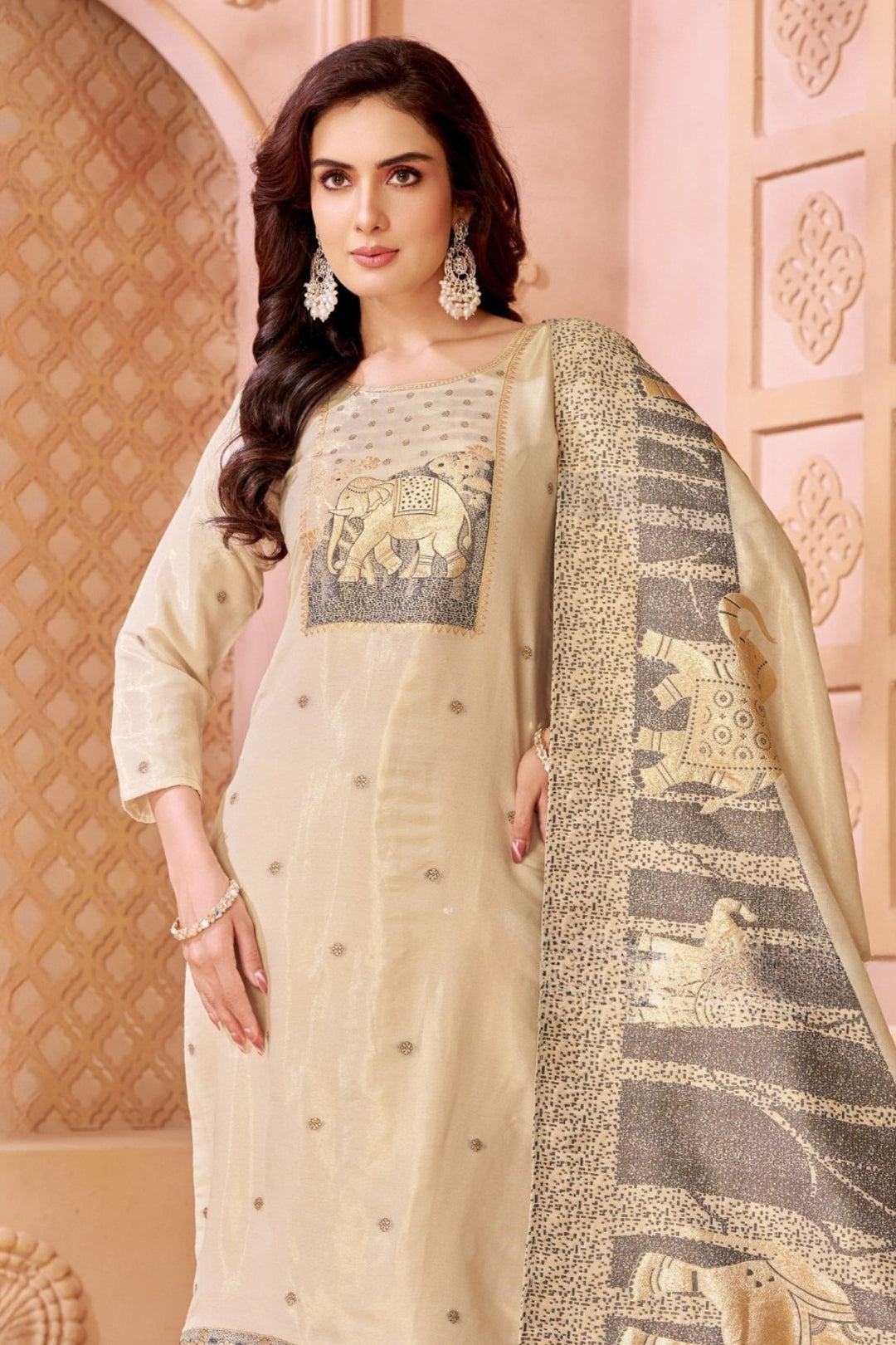 Cream Banaras work Straight Cut Salwar Suit