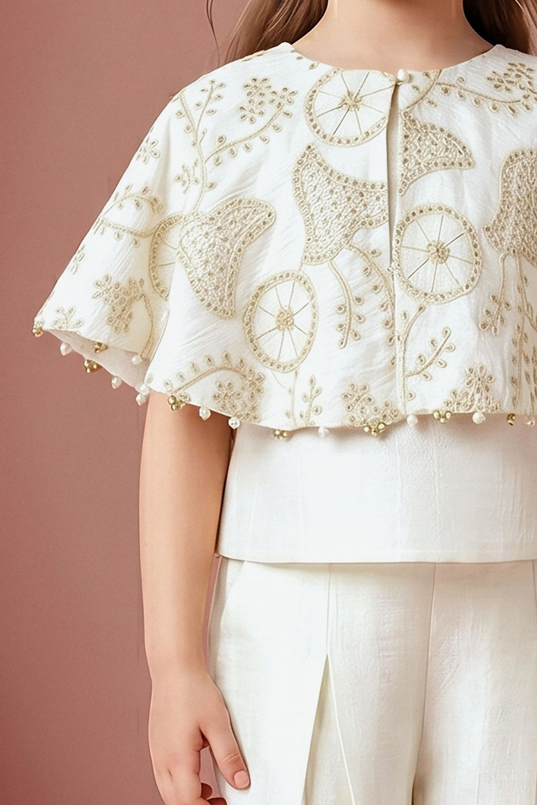 Half White Sequins and Thread work Poncho Styled Palazzo Set for Girls