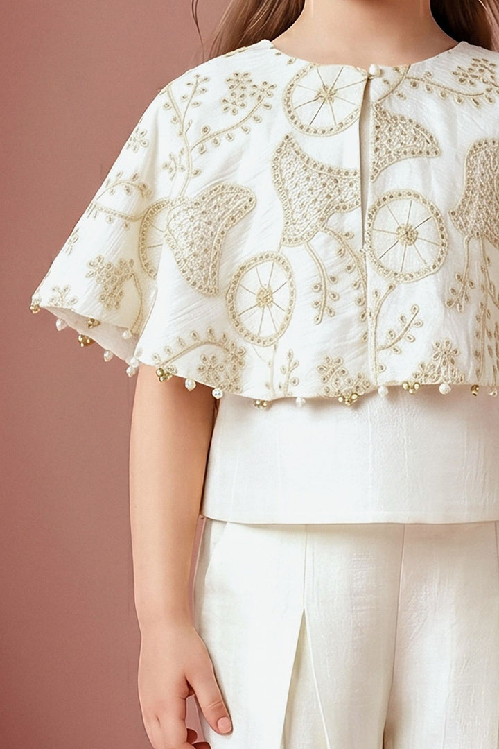 Half White Sequins and Thread work Poncho Styled Palazzo Set for Girls