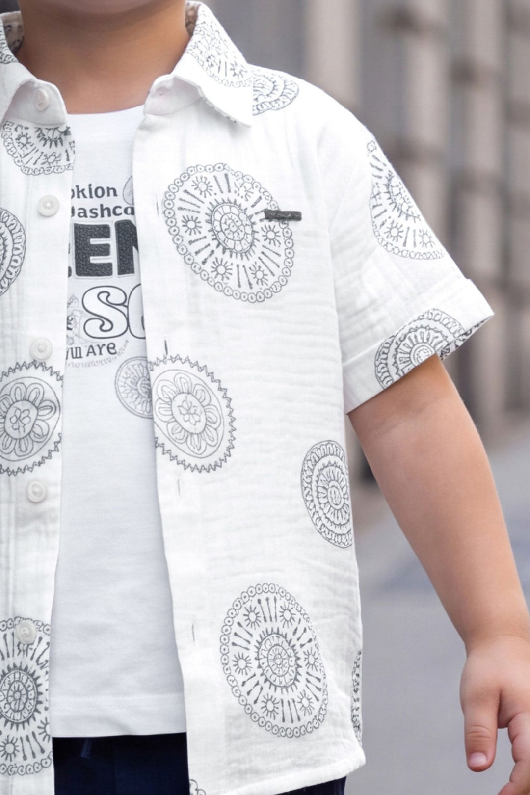 White with Navy Blue Printed Boys Co-Ord Set
