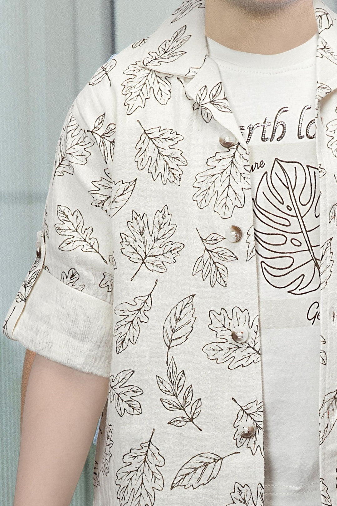 Cream Digital Print Blazer, Printed T-Shirt and Brown Pant Set for Boys