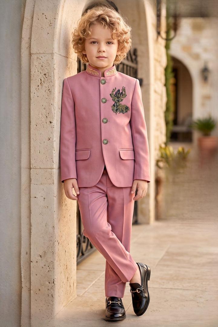 Onion Pink Deer Stone Motif Jodhpuri Suit for Boys