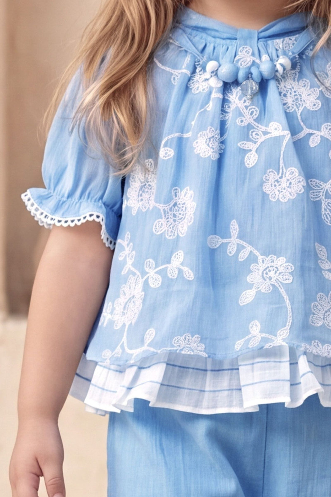 Blue with Floral Embroidery work Co-ord Set for Girls