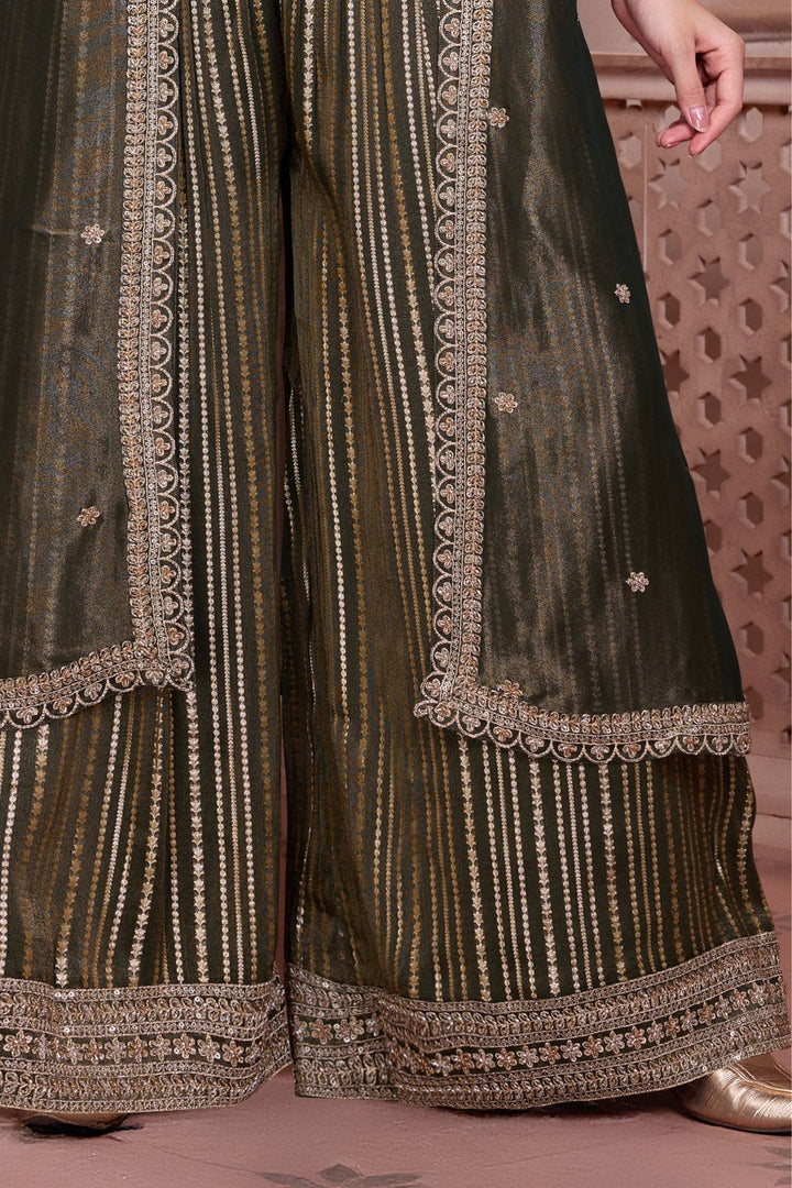 Green Embroidery, Beads and Zari work Overcoat Styled Palazzo Set For Girls