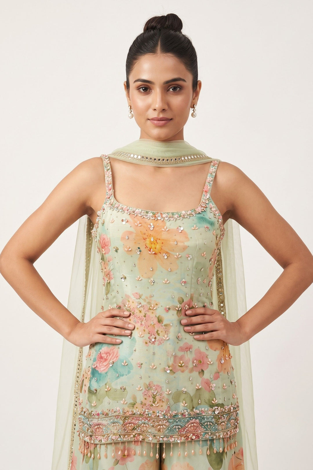 Sea Green Stone, Beads and Kundan work with Floral Print Palazzo Salwar Suit
